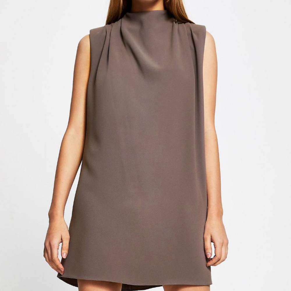 River land shoulder pad high neck midi dress in mink